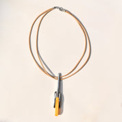 Modernist Silver Amber Glass Pendant Necklace By Sodini, Double-Strand Beige Cord Choker Necklace, 16" L