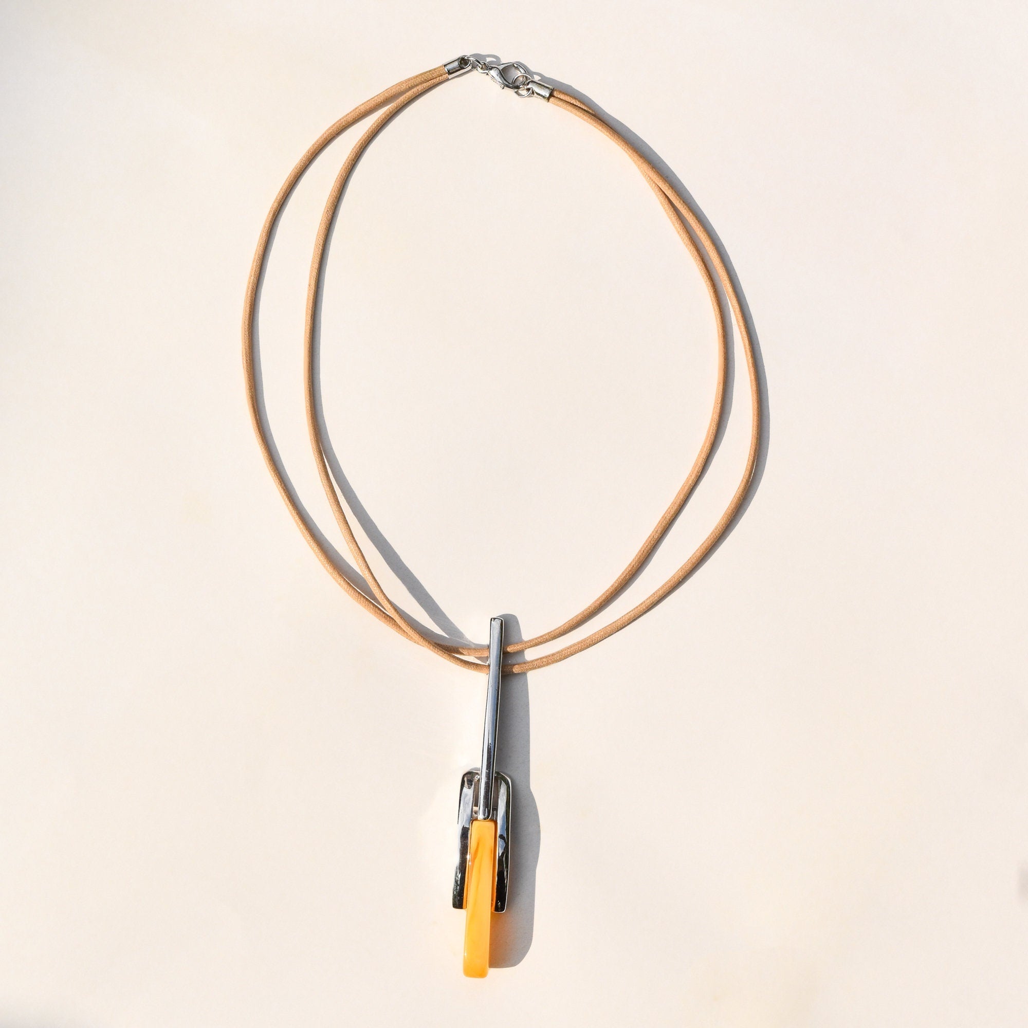 Modernist Silver Amber Glass Pendant Necklace By Sodini, Double-Strand Beige Cord Choker Necklace, 16" L