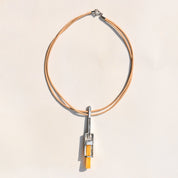 Modernist Silver Amber Glass Pendant Necklace By Sodini, Double-Strand Beige Cord Choker Necklace, 16" L