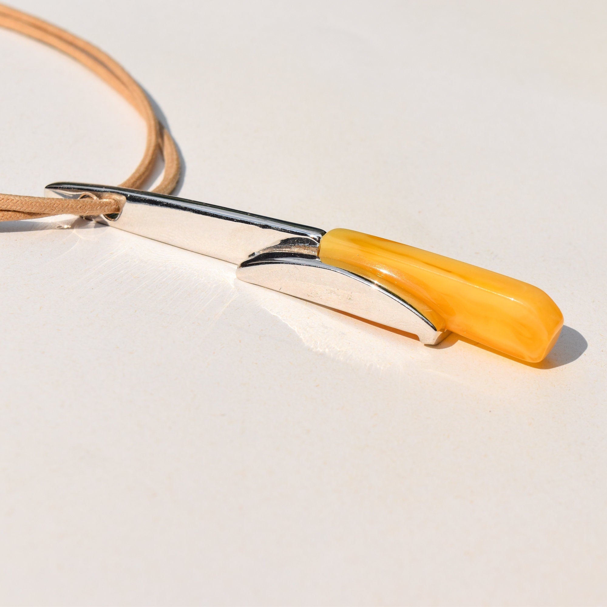 Modernist Silver Amber Glass Pendant Necklace, Beige Double-Strand Cord, Choker Pendant Necklace, 16" L
