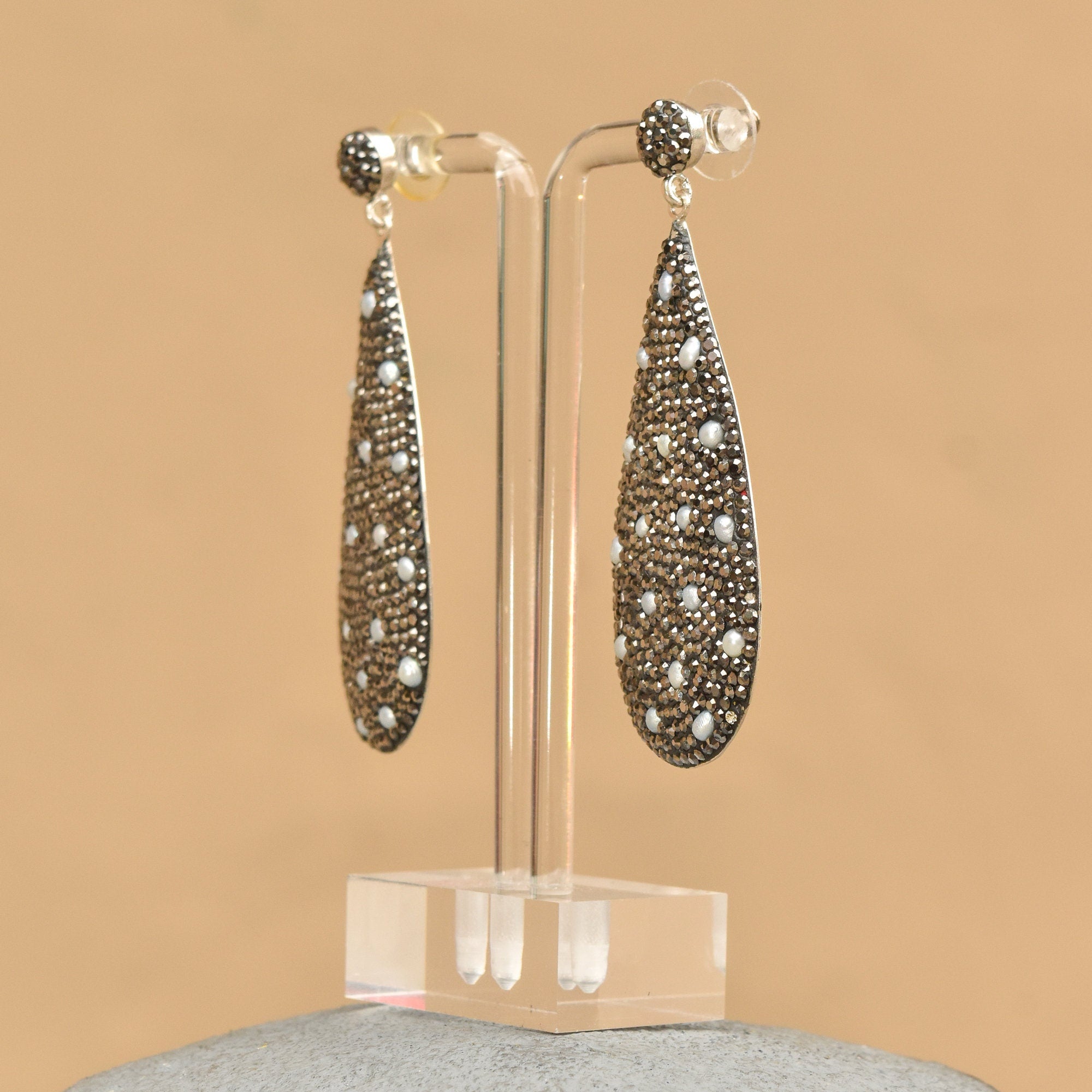 Dazzling Marcasite Seed Pearl Encrusted Sterling Silver Teardrop Earrings, Estate Jewelry, 3" L