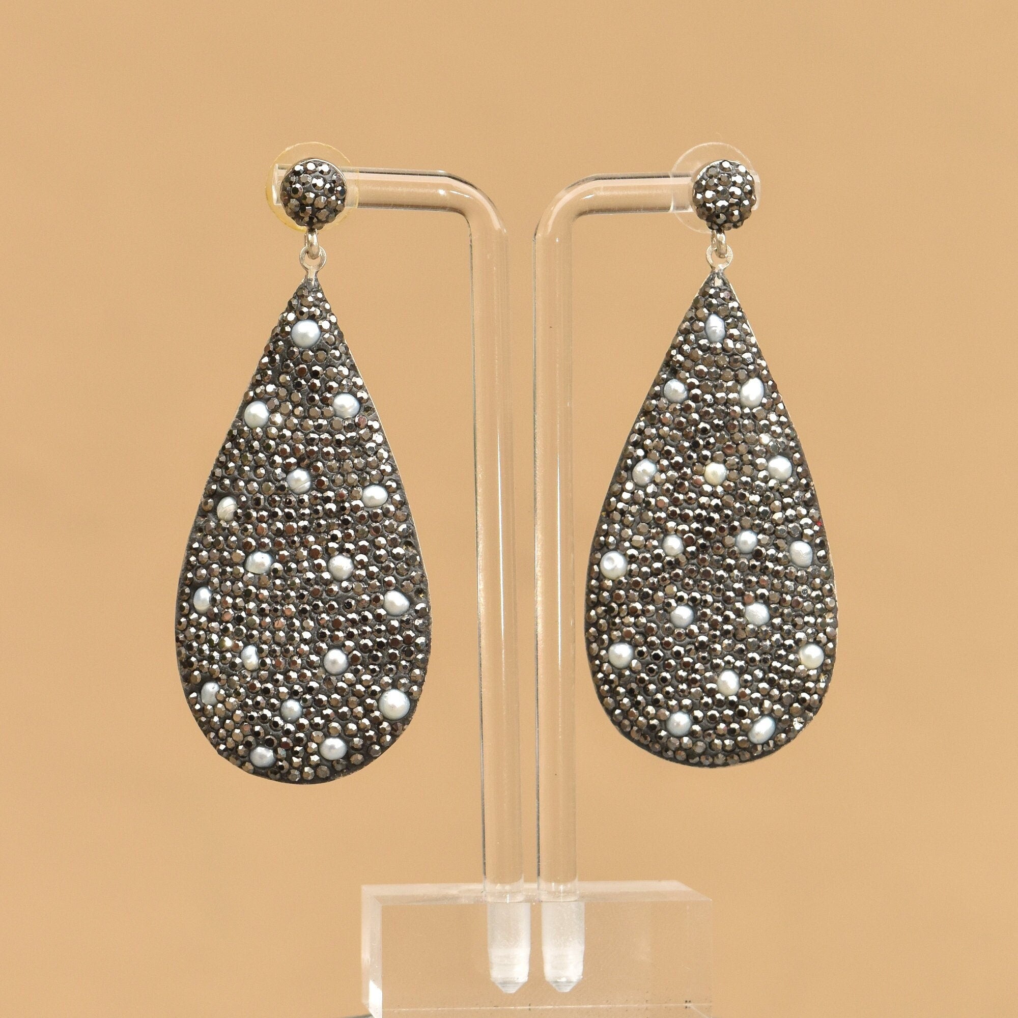 Dazzling Marcasite Seed Pearl Encrusted Sterling Silver Teardrop Earrings, Estate Jewelry, 3" L