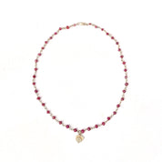 18K Ruby Rosary Chain Necklace With Ruby Heart Charm, Cute Pink Pendant Necklace, Victorian Revival, 16" L