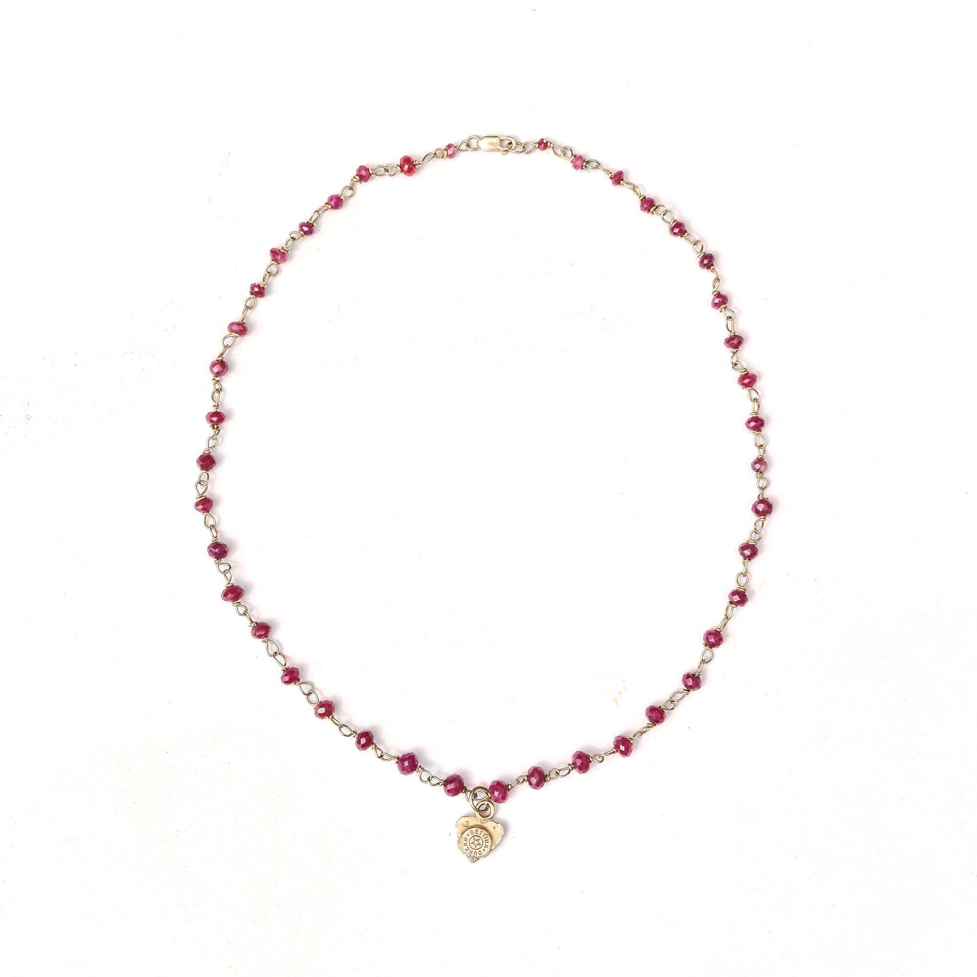 18K Ruby Rosary Chain Necklace With Ruby Heart Charm, Cute Pink Pendant Necklace, Victorian Revival, 16" L
