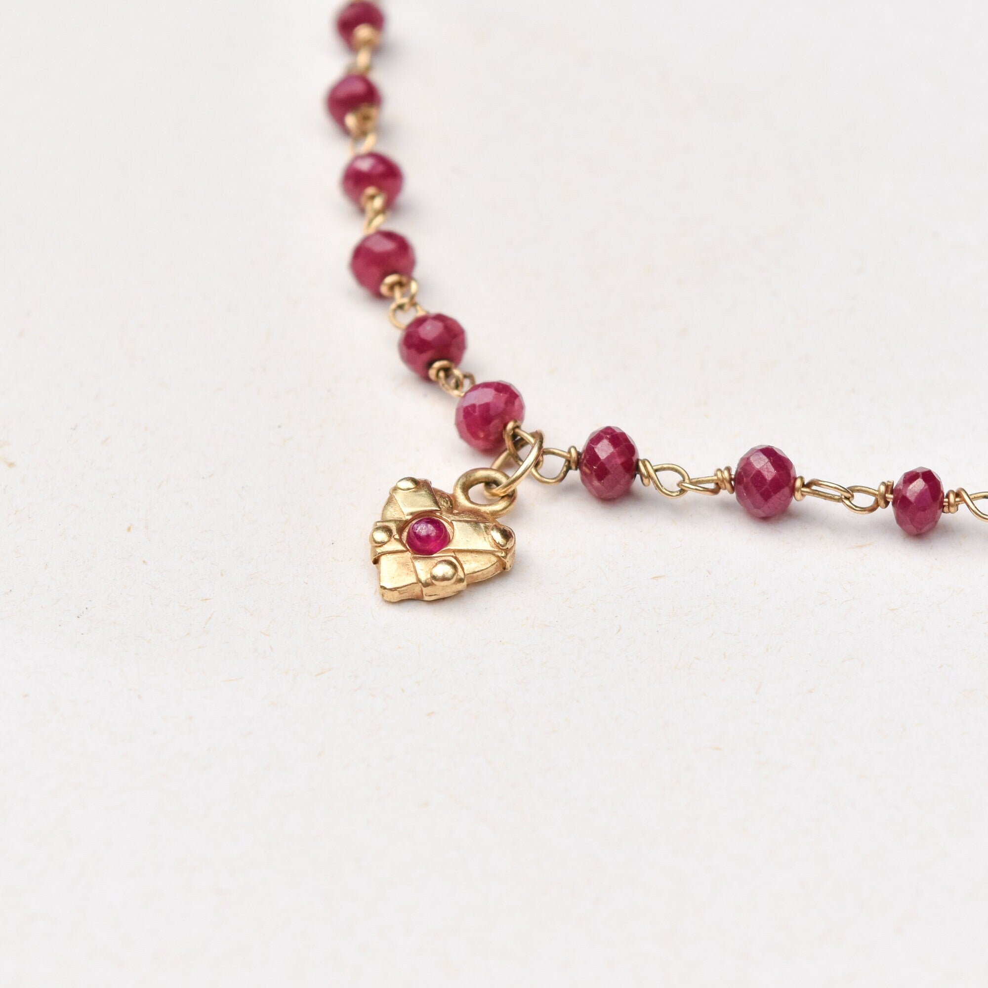 18K Ruby Rosary Chain Necklace With Ruby Heart Charm, Cute Pink Pendant Necklace, Victorian Revival, 16" L