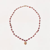 18K Ruby Rosary Chain Necklace With Ruby Heart Charm, Cute Pink Pendant Necklace, Victorian Revival, 16" L