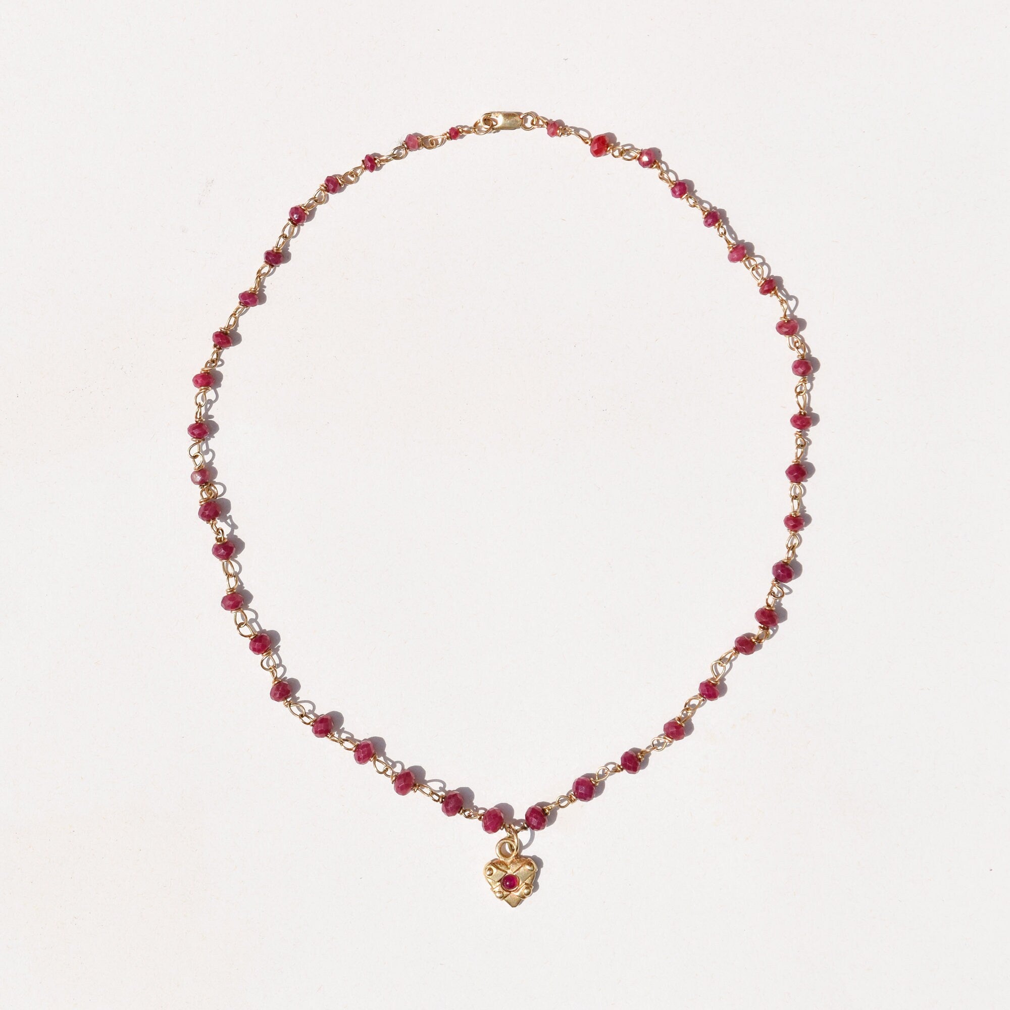 18K Ruby Rosary Chain Necklace With Ruby Heart Charm, Cute Pink Pendant Necklace, Victorian Revival, 16" L