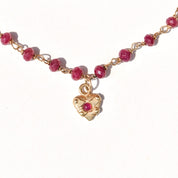 18K Ruby Rosary Chain Necklace With Ruby Heart Charm, Cute Pink Pendant Necklace, Victorian Revival, 16" L