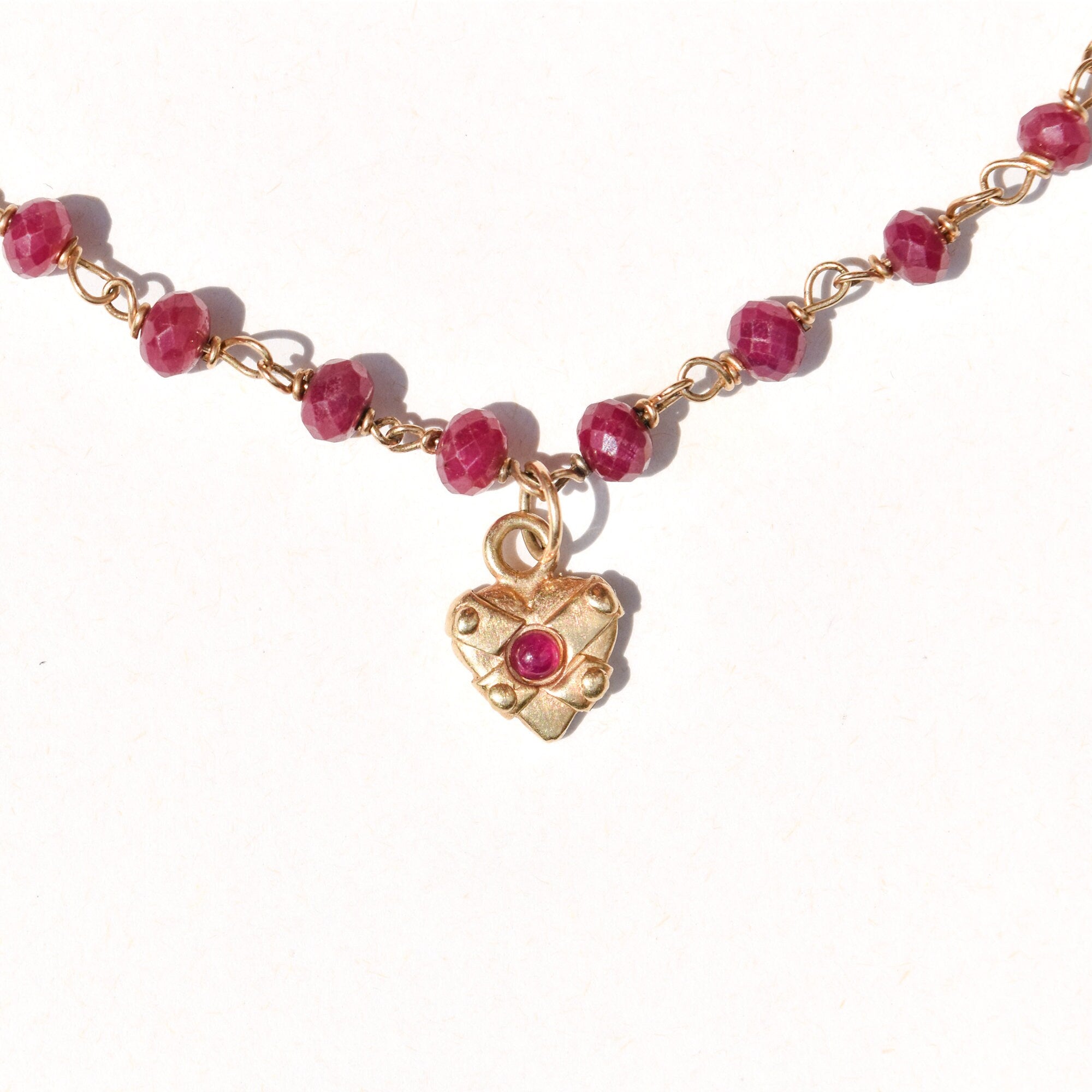 18K Ruby Rosary Chain Necklace With Ruby Heart Charm, Cute Pink Pendant Necklace, Victorian Revival, 16" L