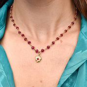 18K Ruby Rosary Chain Necklace With Ruby Heart Charm, Cute Pink Pendant Necklace, Victorian Revival, 16" L