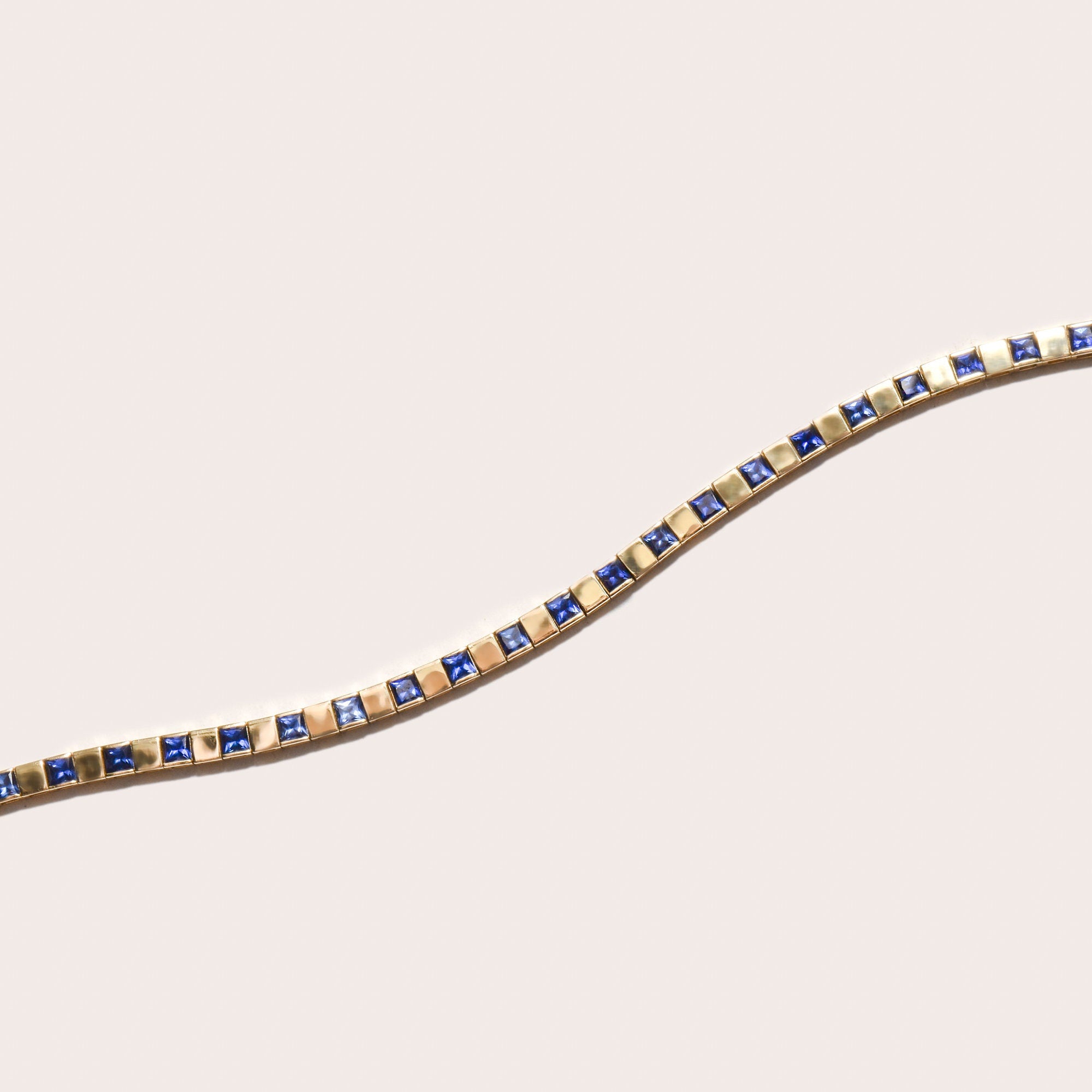 Modernist 10K Yellow Gold Sapphire Link Bracelet, Sleek Square Link BraceletK, Estate Jewelry, 7 1/2" L