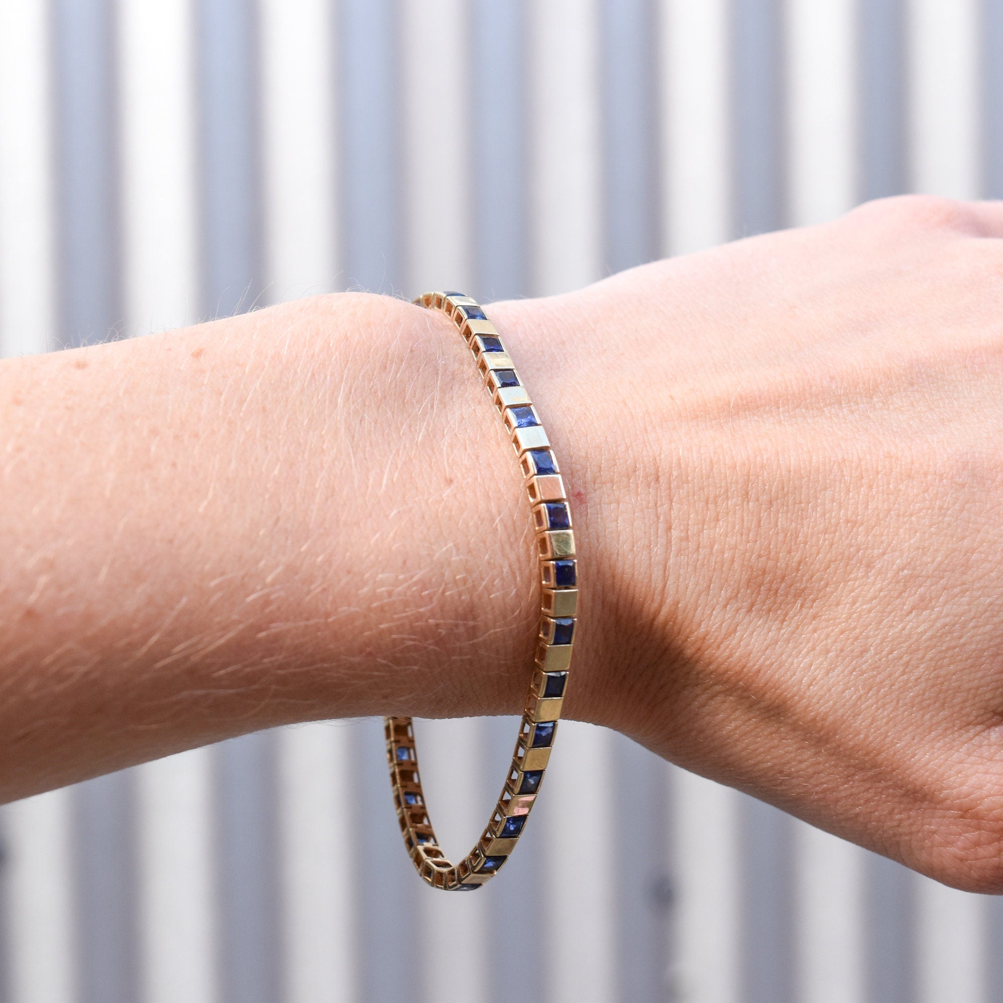 Modernist 10K Yellow Gold Sapphire Link Bracelet, Sleek Square Link BraceletK, Estate Jewelry, 7 1/2" L