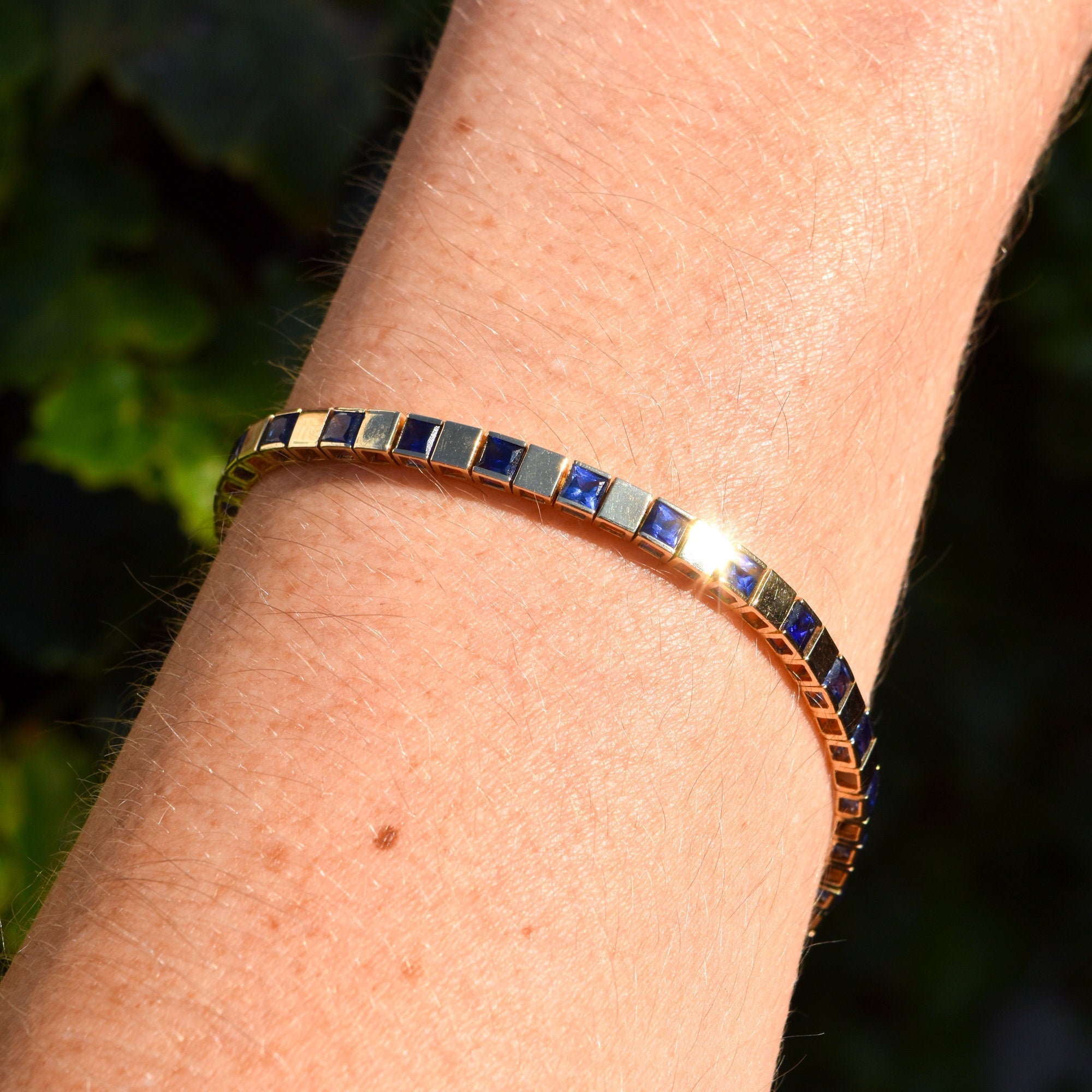 Modernist 10K Yellow Gold Sapphire Link Bracelet, Sleek Square Link BraceletK, Estate Jewelry, 7 1/2" L