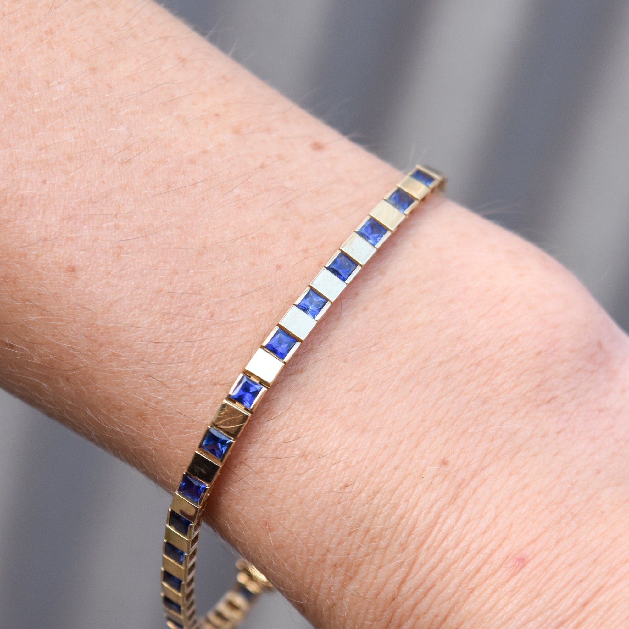 Modernist 10K Yellow Gold Sapphire Link Bracelet, Sleek Square Link BraceletK, Estate Jewelry, 7 1/2" L