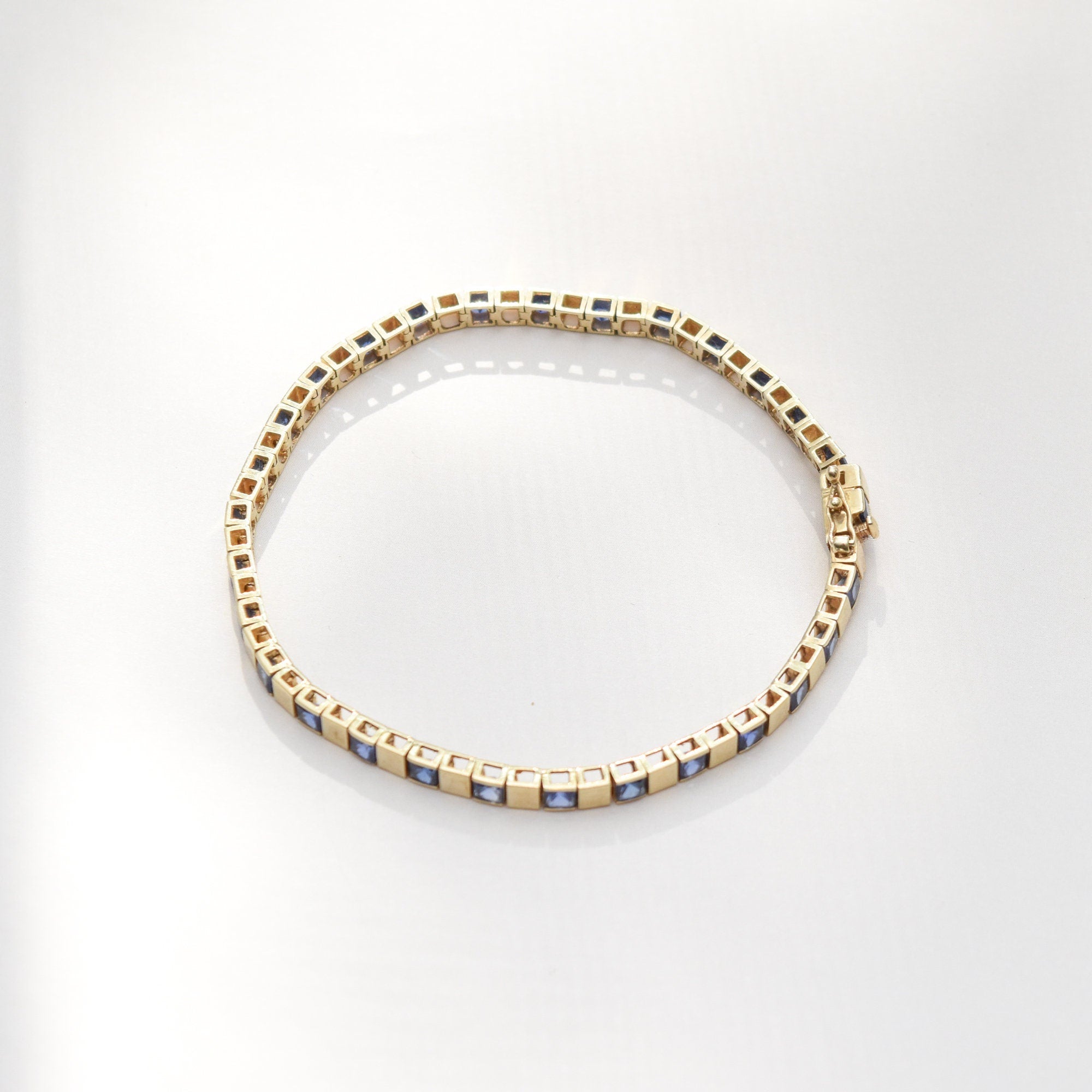 Modernist 10K Yellow Gold Sapphire Link Bracelet, Sleek Square Link BraceletK, Estate Jewelry, 7 1/2" L