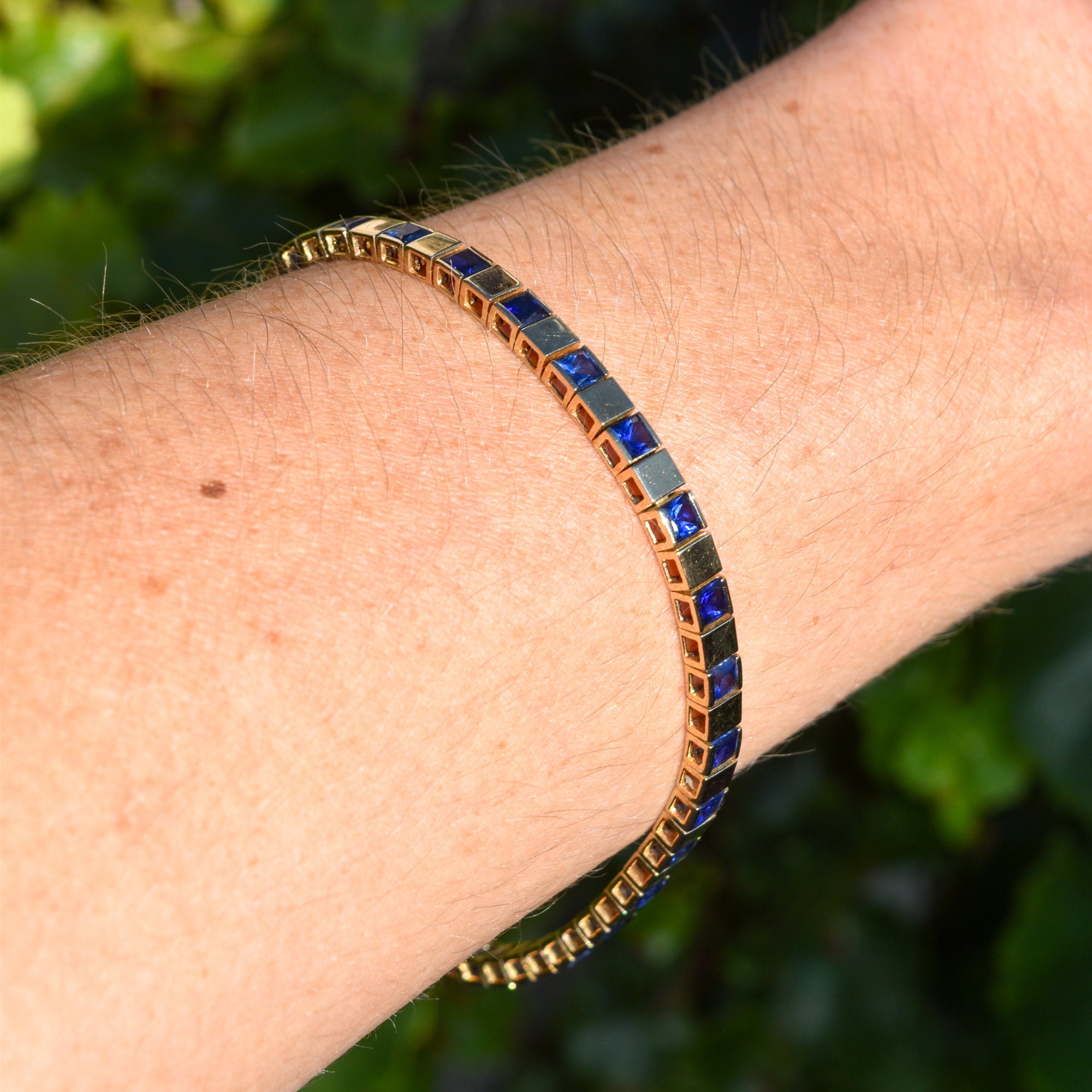 Modernist 10K Yellow Gold Sapphire Link Bracelet, Sleek Square Link BraceletK, Estate Jewelry, 7 1/2" L