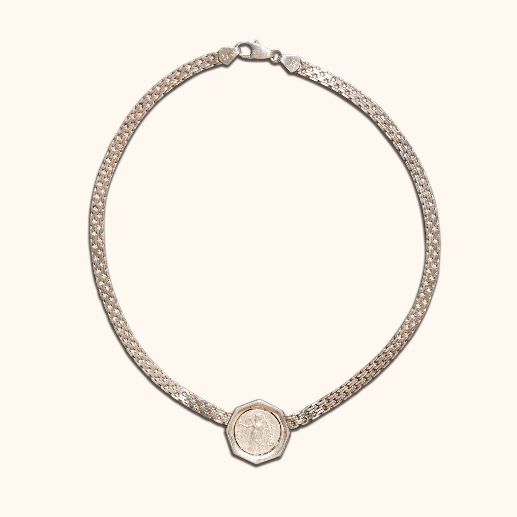 Sterling Silver Ancient Greek Alexander The Great Coin Pendant Bismark Chain Collar Necklace, 16" L