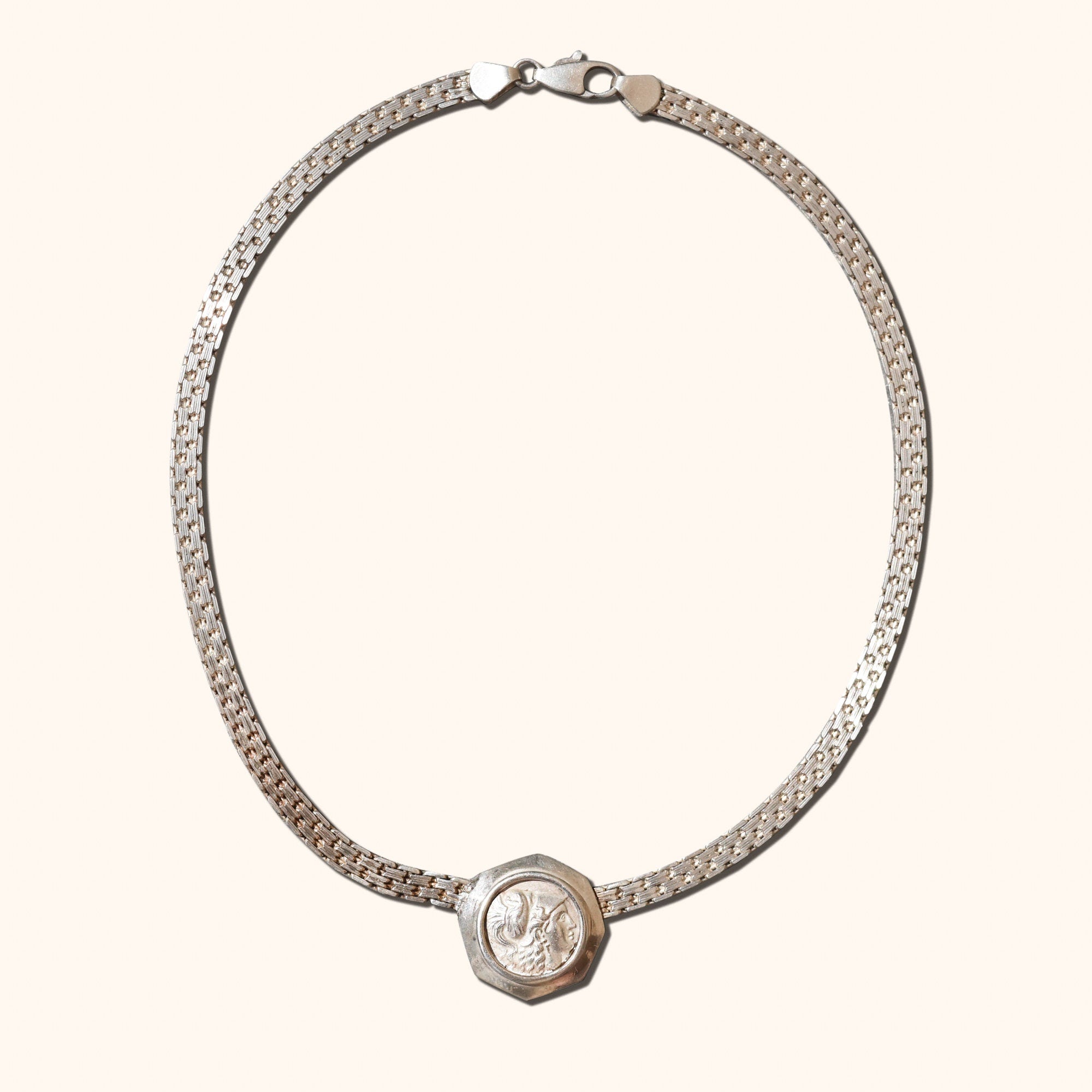 Sterling Silver Ancient Greek Alexander The Great Coin Pendant Bismark Chain Collar Necklace, 16" L