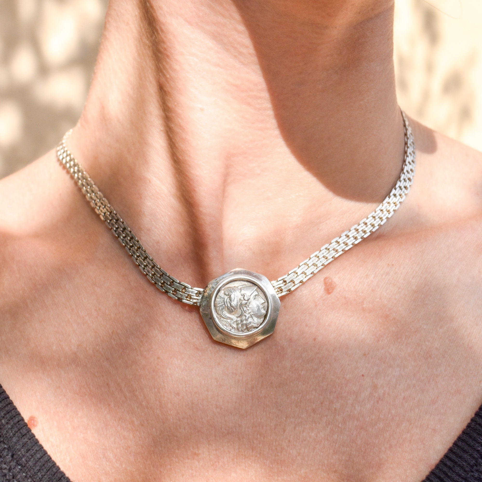 Sterling Silver Ancient Greek Alexander The Great Coin Pendant Bismark Chain Collar Necklace, 16" L