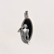 Art Deco Revival Sterling Silver Black Onyx Marcasite Flapper Pendant, Estate Jewelry, 2 1/8" L