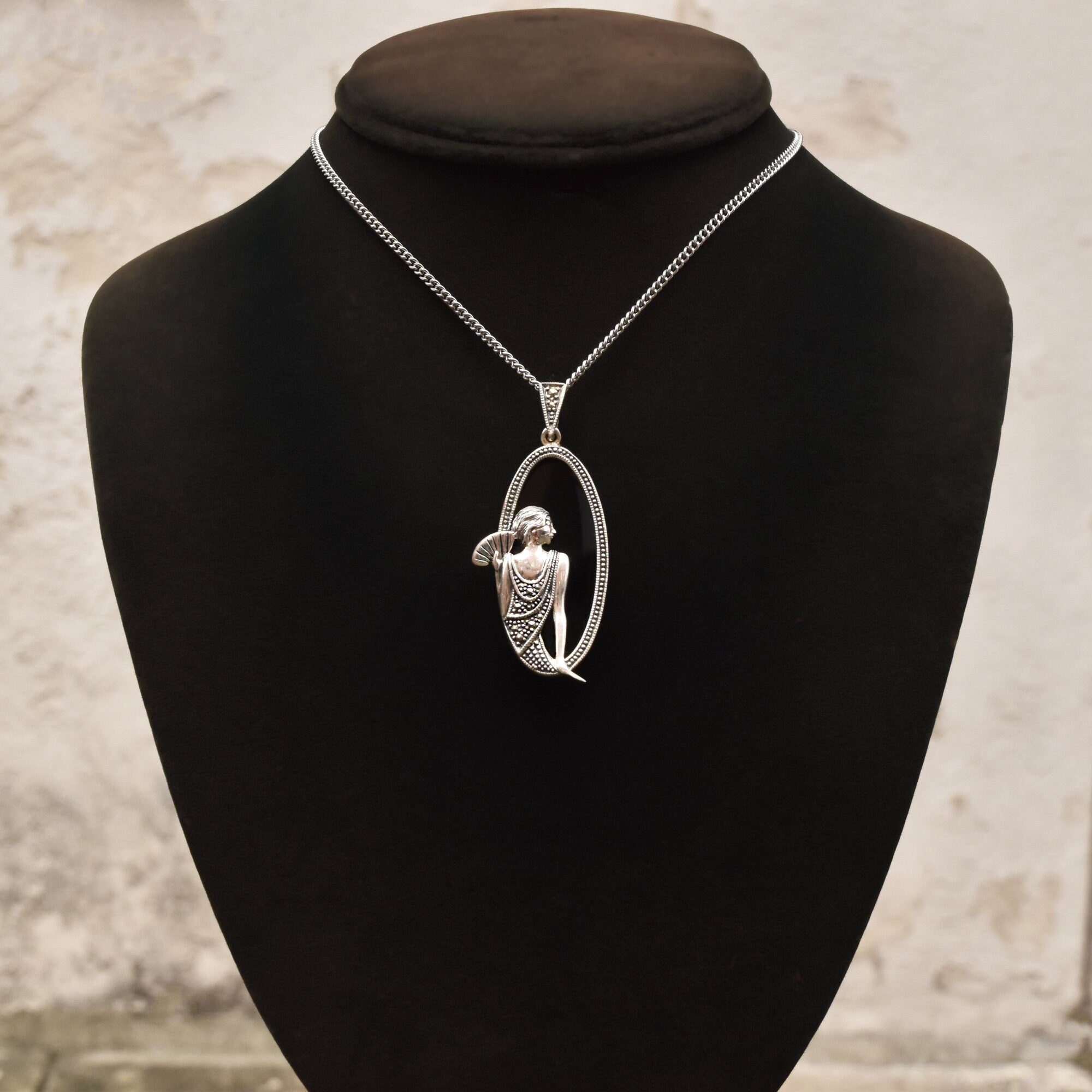 Art Deco Revival Sterling Silver Black Onyx Marcasite Flapper Pendant, Estate Jewelry, 2 1/8" L