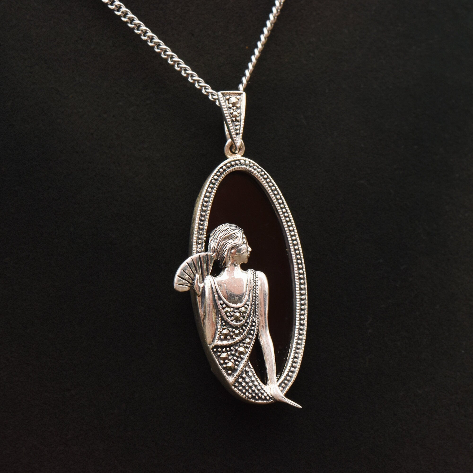 Art Deco Revival Sterling Silver Black Onyx Marcasite Flapper Pendant, Estate Jewelry, 2 1/8" L