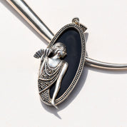 Art Deco Revival Sterling Silver Black Onyx Marcasite Flapper Pendant, Estate Jewelry, 2 1/8" L