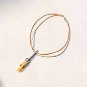 Modernist Silver Amber Glass Pendant Necklace By Sodini, Double-Strand Beige Cord Choker Necklace, 16" L