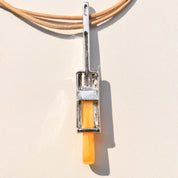 Modernist Silver Amber Glass Pendant Necklace By Sodini, Double-Strand Beige Cord Choker Necklace, 16" L