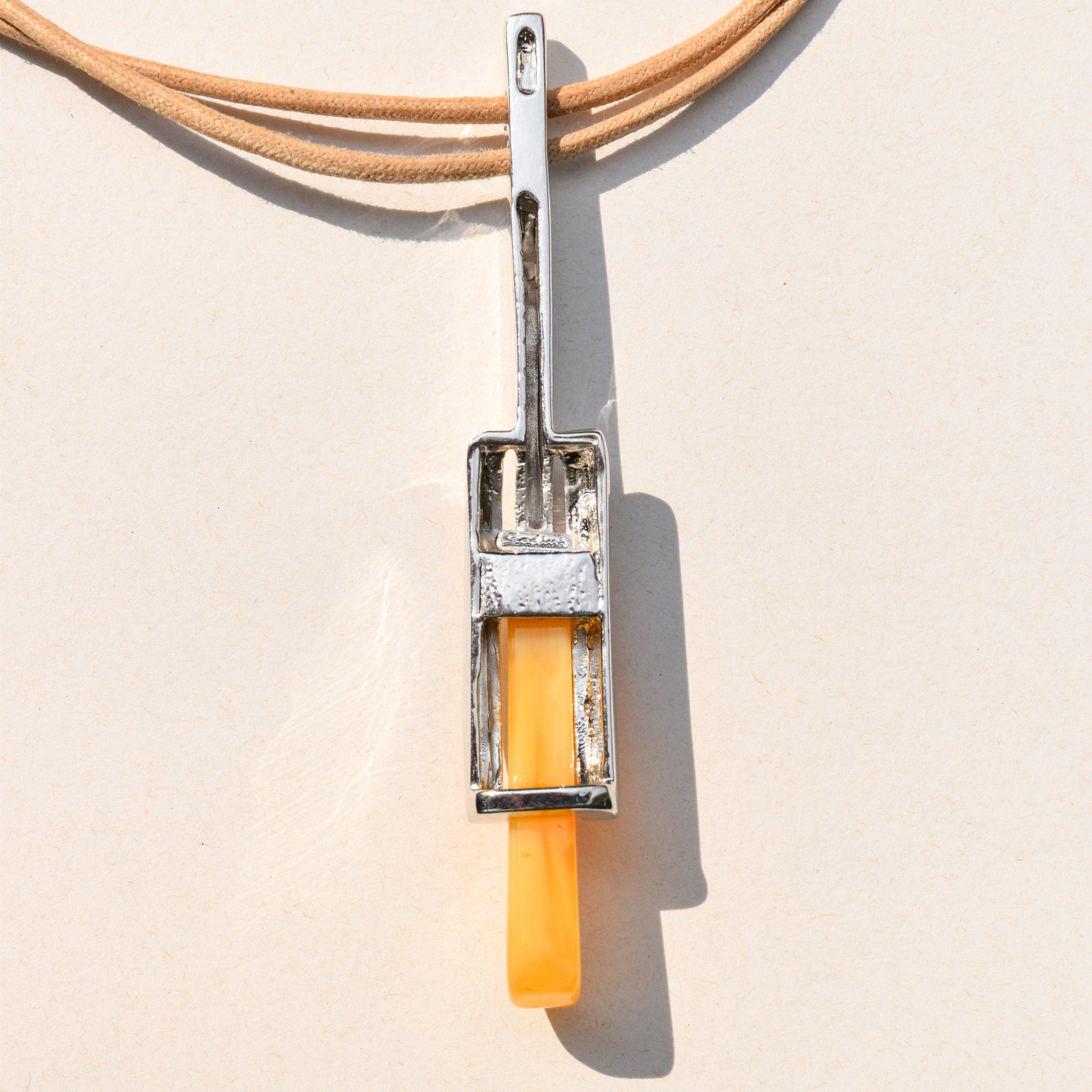 Modernist Silver Amber Glass Pendant Necklace By Sodini, Double-Strand Beige Cord Choker Necklace, 16" L