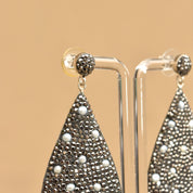 Dazzling Marcasite Seed Pearl Encrusted Sterling Silver Teardrop Earrings, Estate Jewelry, 3" L