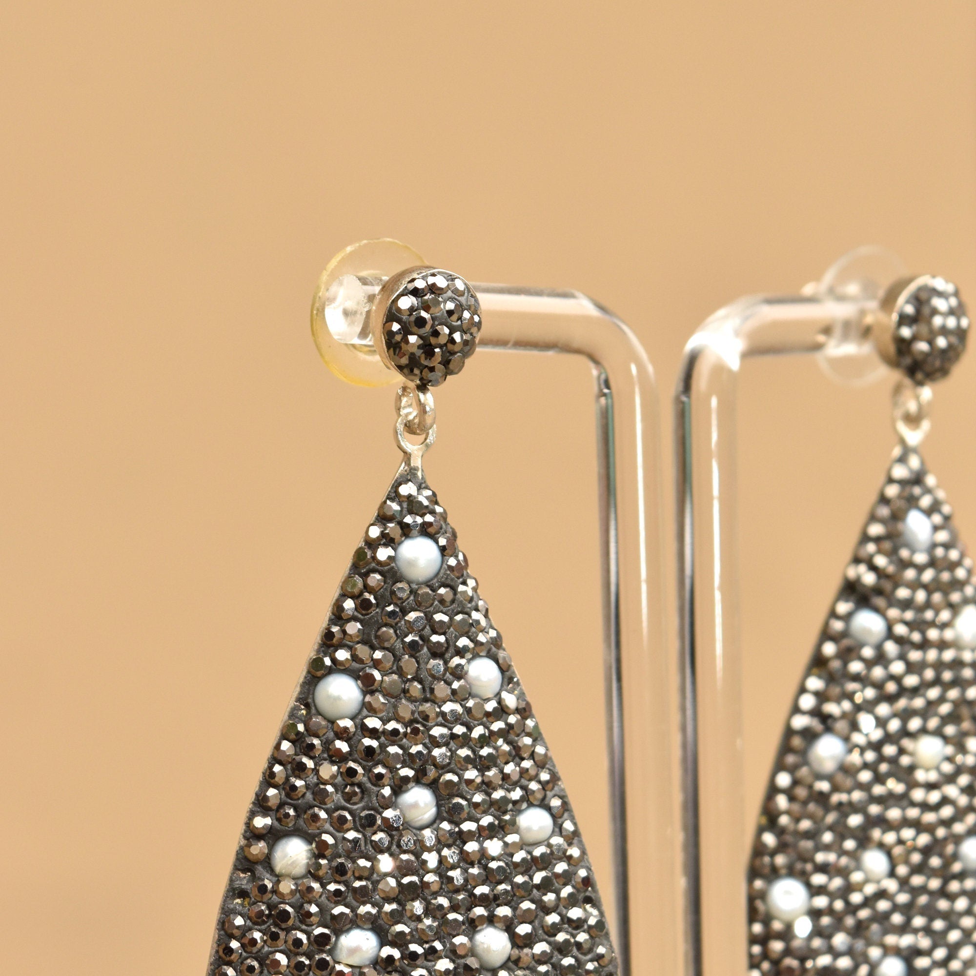 Dazzling Marcasite Seed Pearl Encrusted Sterling Silver Teardrop Earrings, Estate Jewelry, 3" L