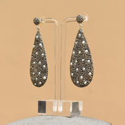 Dazzling Marcasite Seed Pearl Encrusted Sterling Silver Teardrop Earrings, Estate Jewelry, 3" L