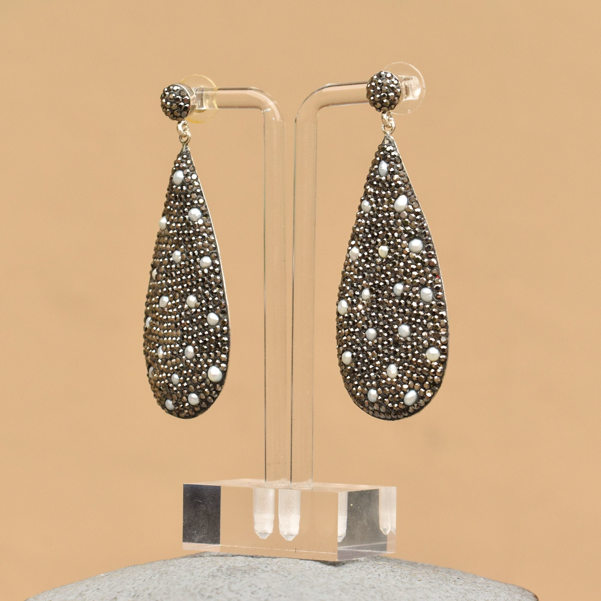 Dazzling Marcasite Seed Pearl Encrusted Sterling Silver Teardrop Earrings, Estate Jewelry, 3" L
