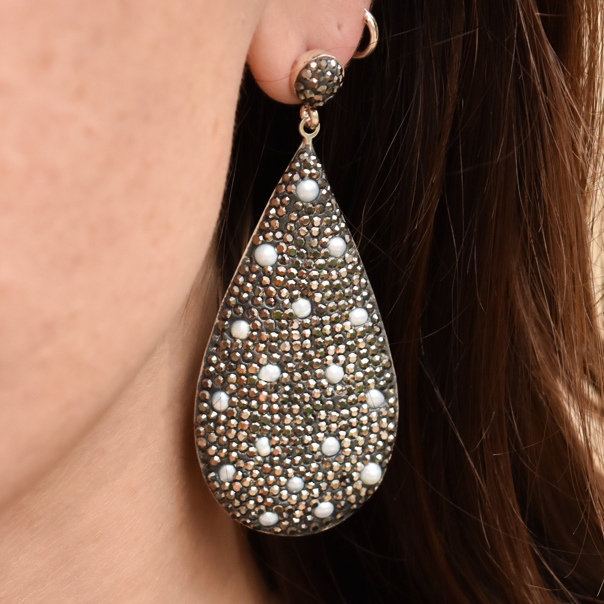 Dazzling Marcasite Seed Pearl Encrusted Sterling Silver Teardrop Earrings, Estate Jewelry, 3" L