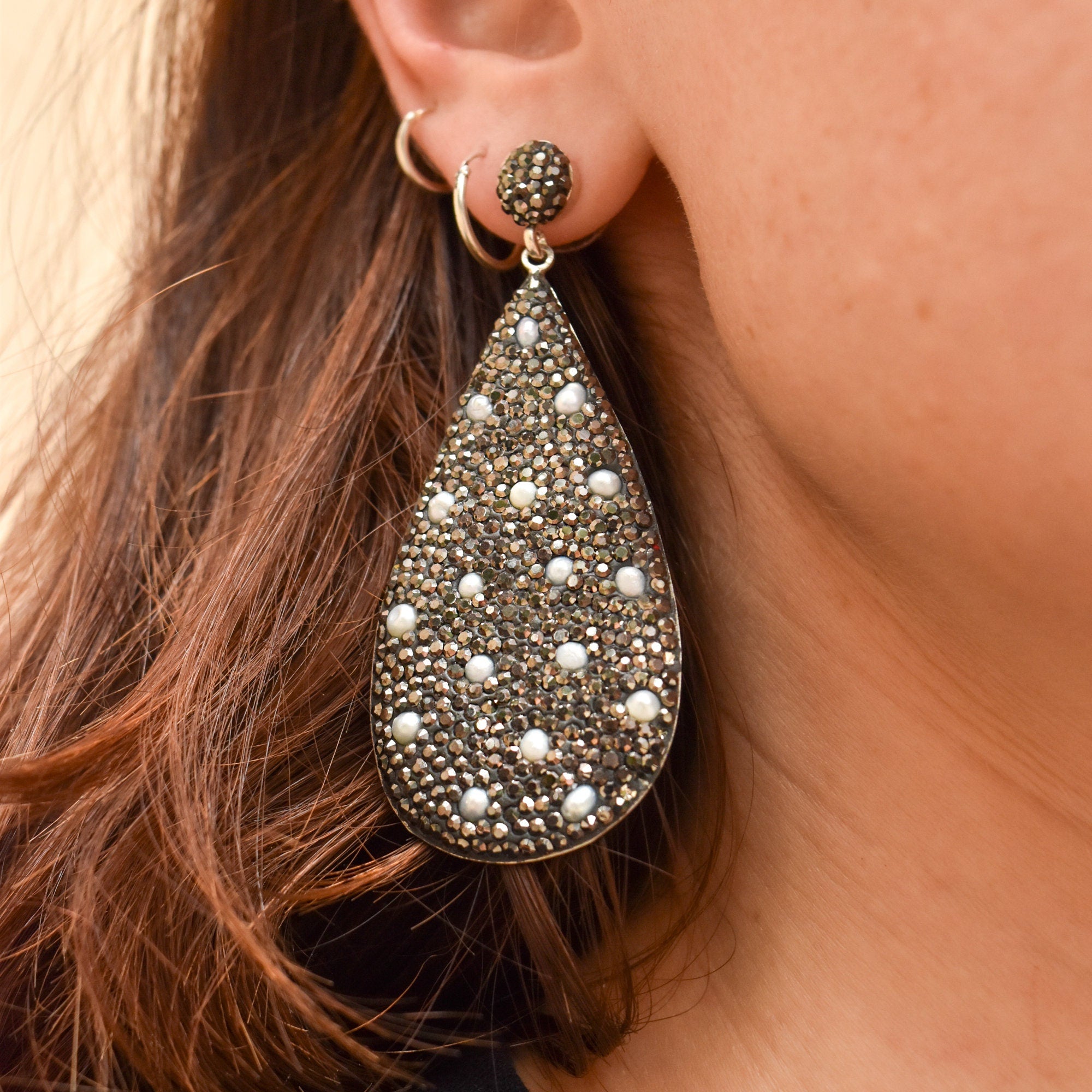 Dazzling Marcasite Seed Pearl Encrusted Sterling Silver Teardrop Earrings, Estate Jewelry, 3" L
