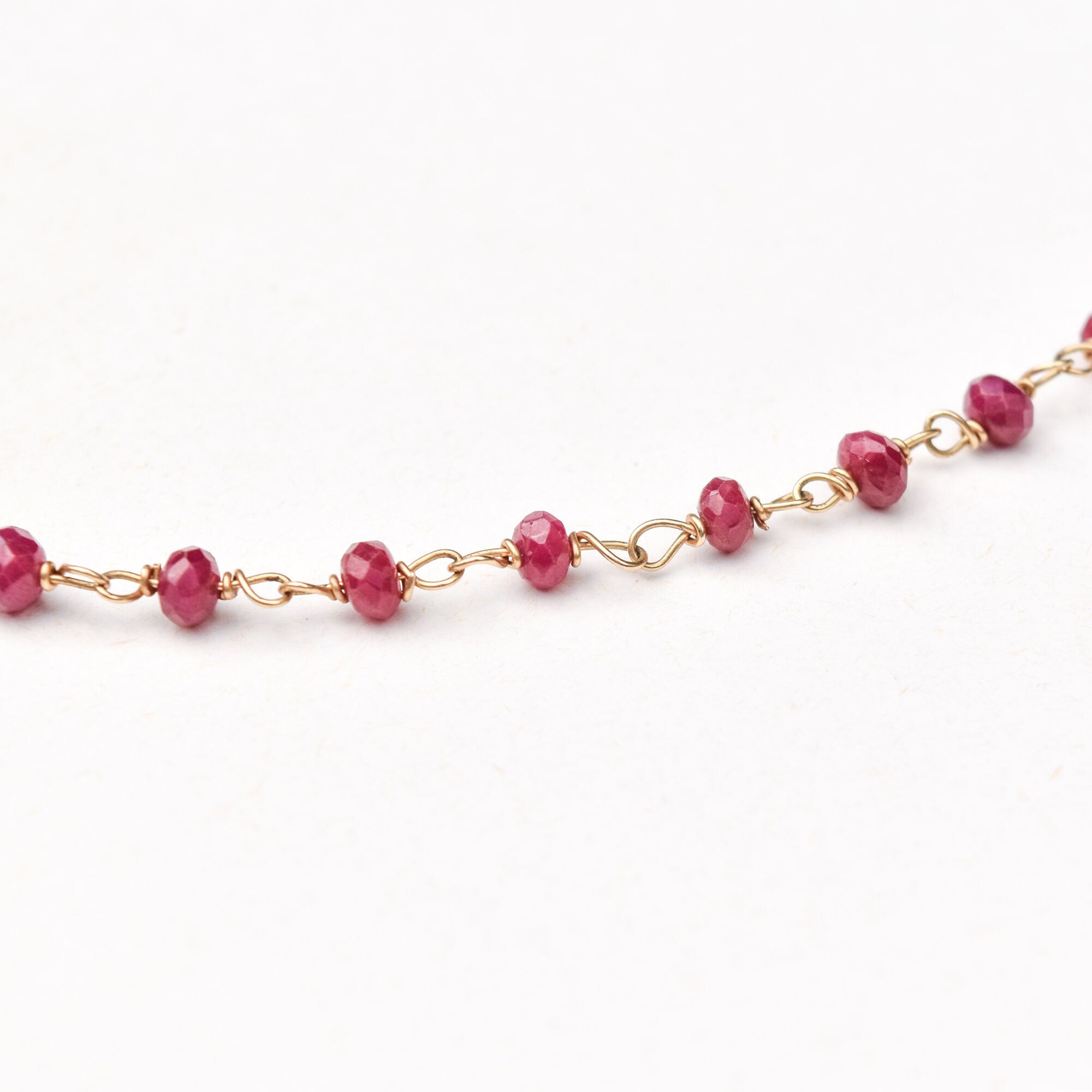 18K Ruby Rosary Chain Necklace With Ruby Heart Charm, Cute Pink Pendant Necklace, Victorian Revival, 16" L