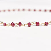 18K Ruby Rosary Chain Necklace With Ruby Heart Charm, Cute Pink Pendant Necklace, Victorian Revival, 16" L