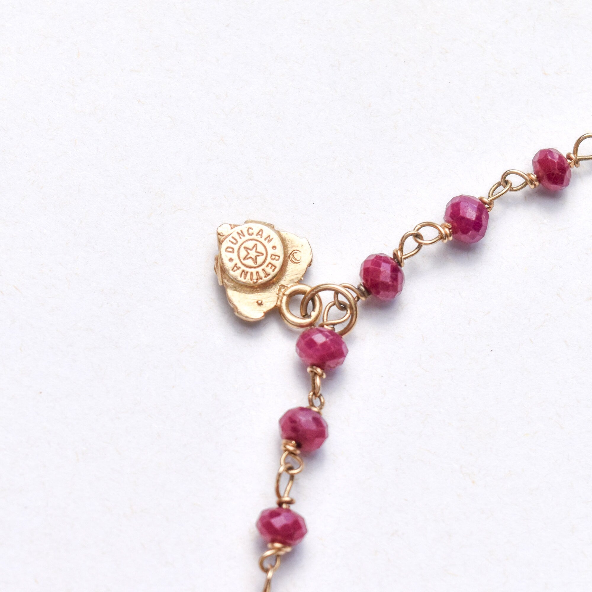 18K Ruby Rosary Chain Necklace With Ruby Heart Charm, Cute Pink Pendant Necklace, Victorian Revival, 16" L