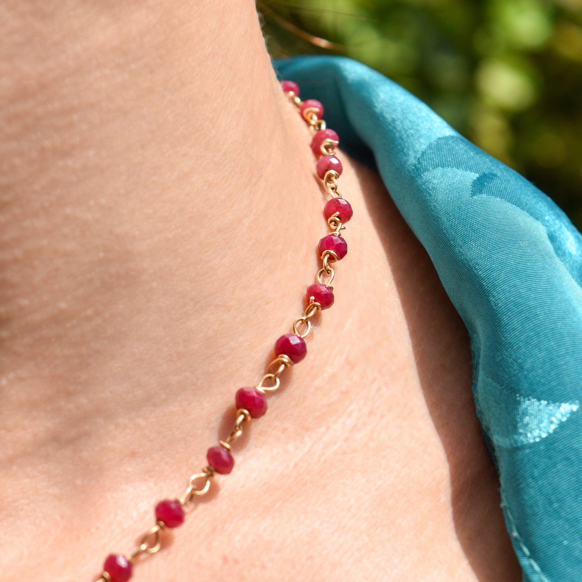 18K Ruby Rosary Chain Necklace With Ruby Heart Charm, Cute Pink Pendant Necklace, Victorian Revival, 16" L