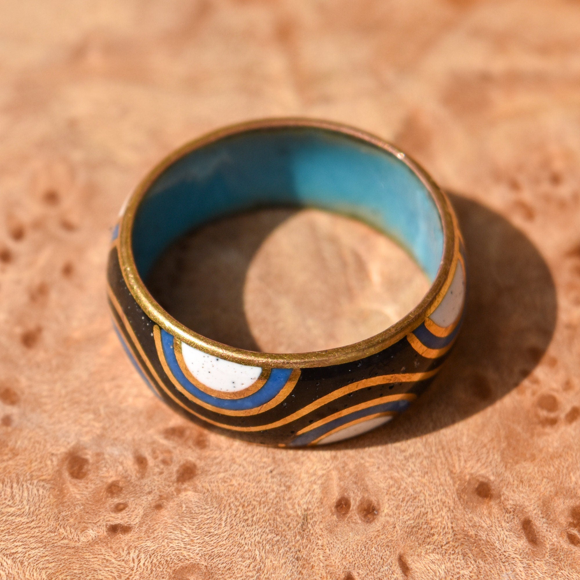 Abstract Cloisonn Enamel Band Ring, Wavy Pattern, Stacking Ring, Estate Jewelry, Size 7 1/2 US