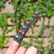 Antique Chinese Enamel Filigree Finger Guard Brooch Pin, Turquoise & Coral Cabochons, Floral Motifs, 8.5cm
