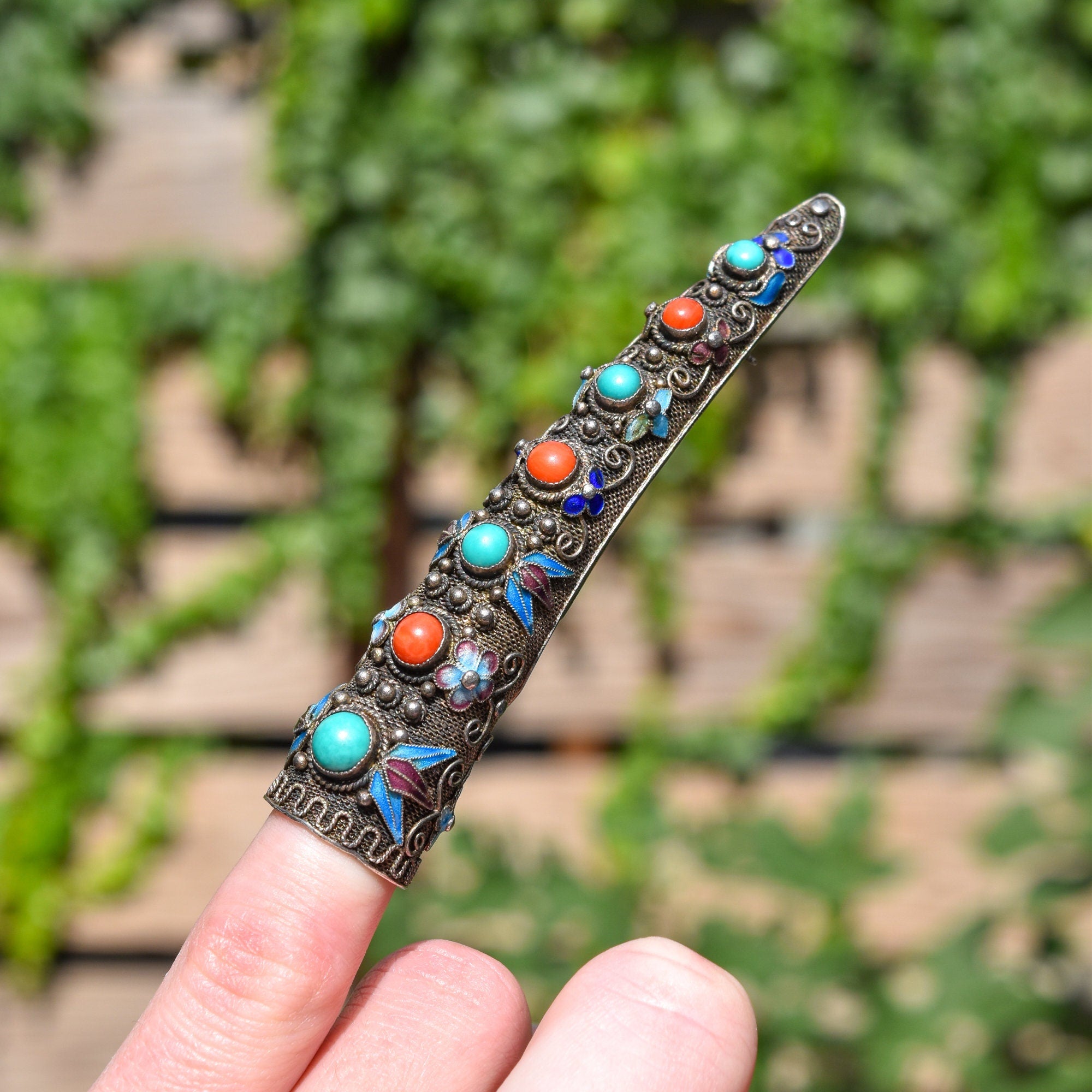 Antique Chinese Enamel Filigree Finger Guard Brooch Pin, Turquoise & Coral Cabochons, Floral Motifs, 8.5cm