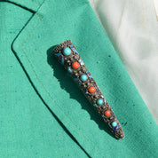 Antique Chinese Enamel Filigree Finger Guard Brooch Pin, Turquoise & Coral Cabochons, Floral Motifs, 8.5cm