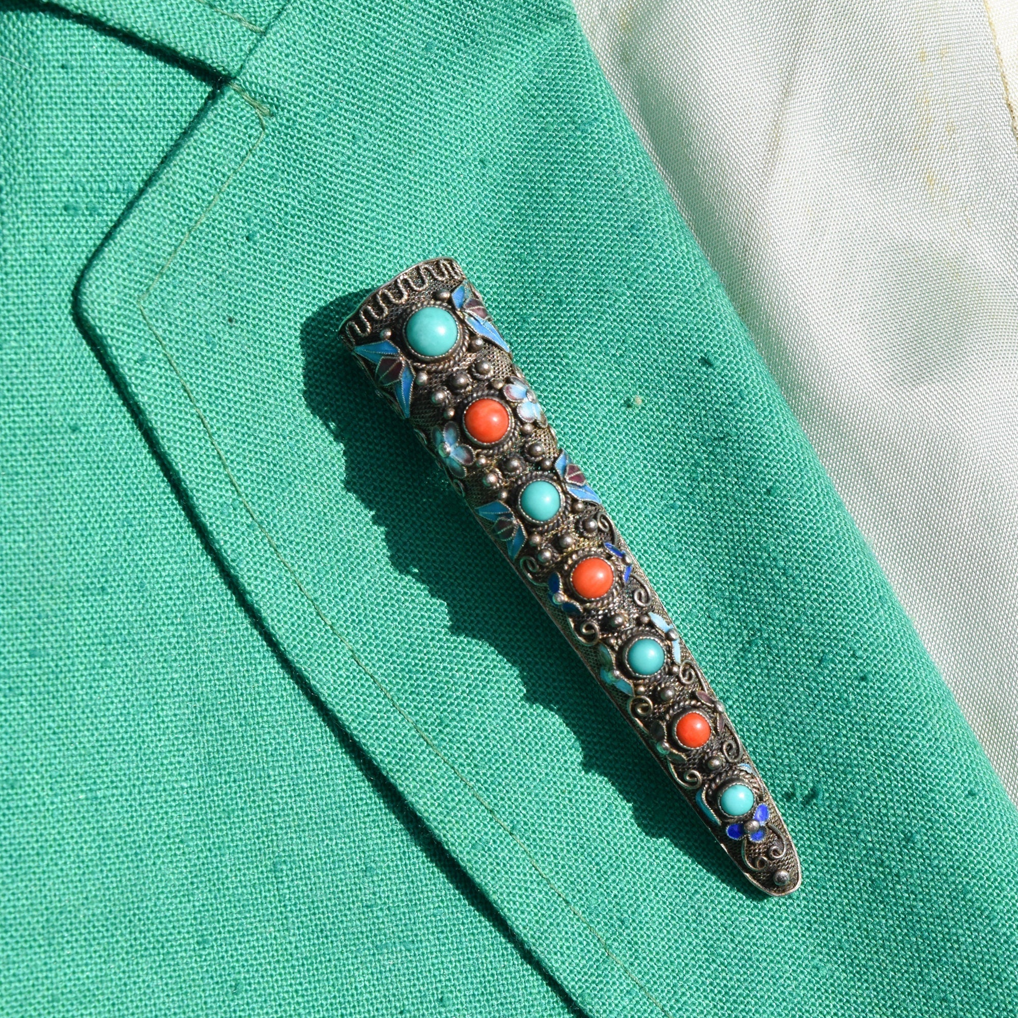Antique Chinese Enamel Filigree Finger Guard Brooch Pin, Turquoise & Coral Cabochons, Floral Motifs, 8.5cm