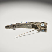 Antique Chinese Enamel Filigree Finger Guard Brooch Pin, Turquoise & Coral Cabochons, Floral Motifs, 8.5cm