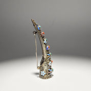 Antique Chinese Enamel Filigree Finger Guard Brooch Pin, Turquoise & Coral Cabochons, Floral Motifs, 8.5cm