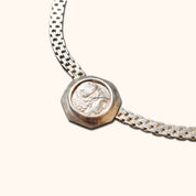 Sterling Silver Ancient Greek Alexander The Great Coin Pendant Bismark Chain Collar Necklace, 16" L