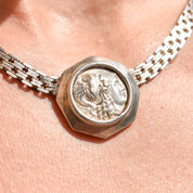 Sterling Silver Ancient Greek Alexander The Great Coin Pendant Bismark Chain Collar Necklace, 16" L