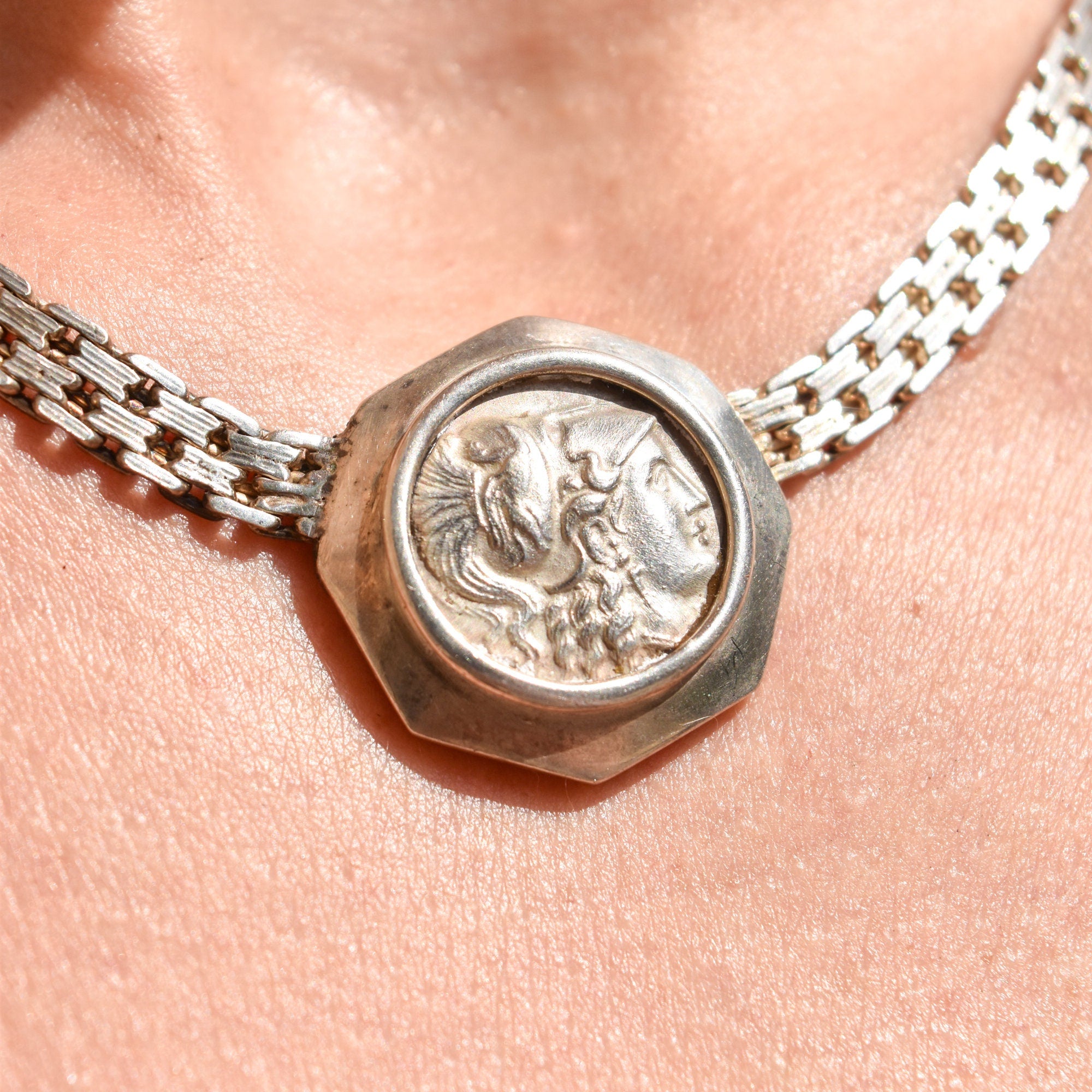 Sterling Silver Ancient Greek Alexander The Great Coin Pendant Bismark Chain Collar Necklace, 16" L